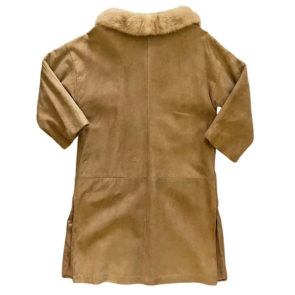 Vintage Suede Leather Car Coat with Palomino Blonde Mink Fur Stole Collar - Picture 3 of 11